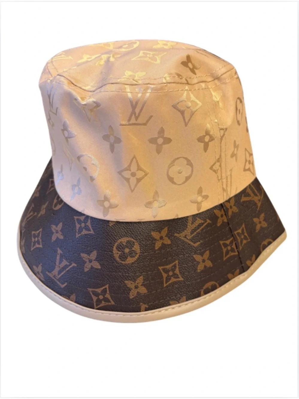 HAT: Brown & Beige Polyester Monogram & PU Leather Bucket, NWT